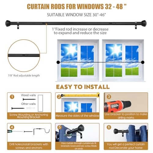 1 Inch Curtain Rods for Windows 28-48 Inches – Heavy Duty Drapery 30-48″ Black