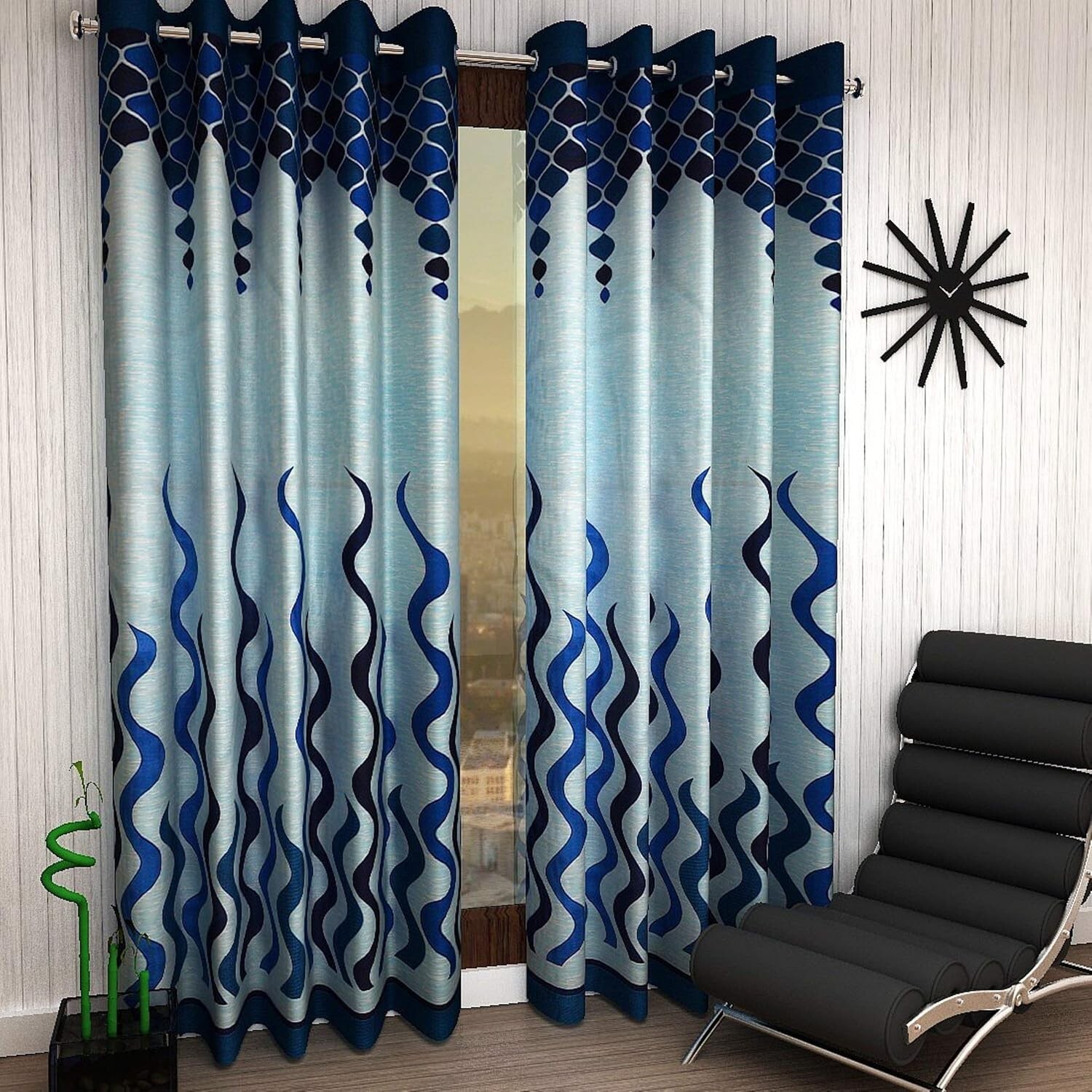New 2 Pieces Eyelet Long Door Curtain Set 9 Feet Blue