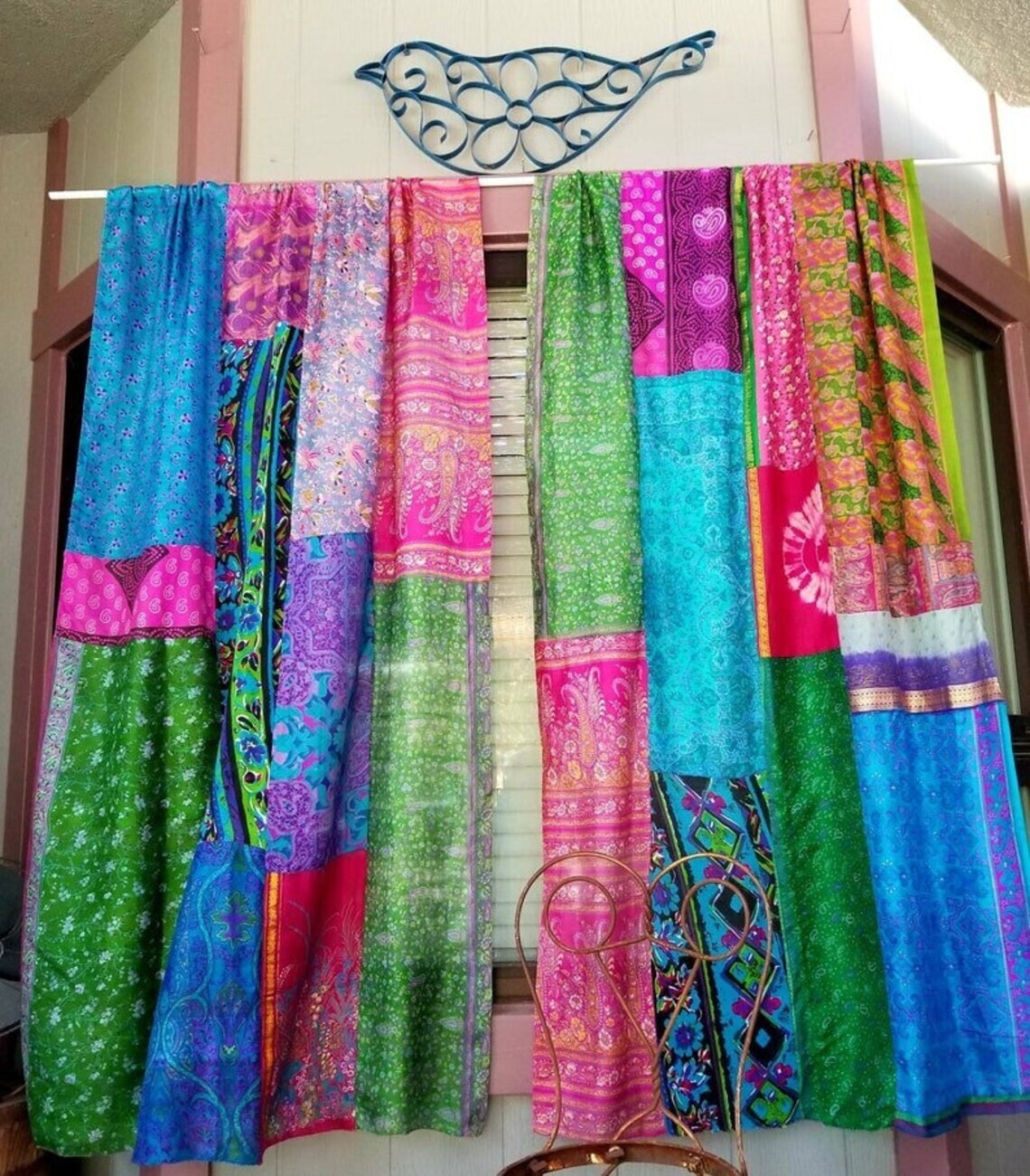 2 Pcs Indian Sari Patchwork Curtain Drape Window Decor Multi Silk Sari Curtain