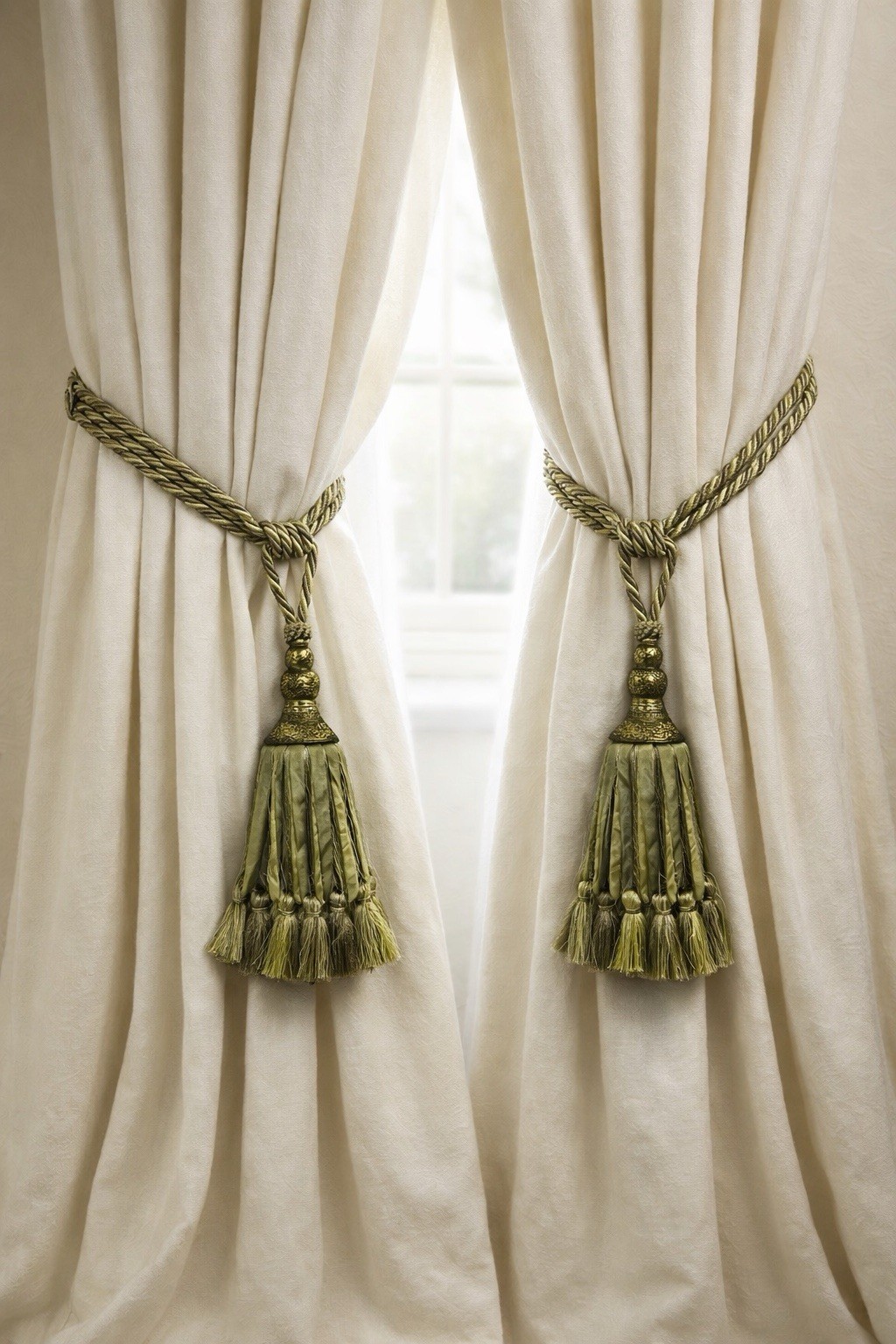 Drapery Tieback (2) Sage Green Gold Ornate Tassel Luxury Rope Curtain Holdback