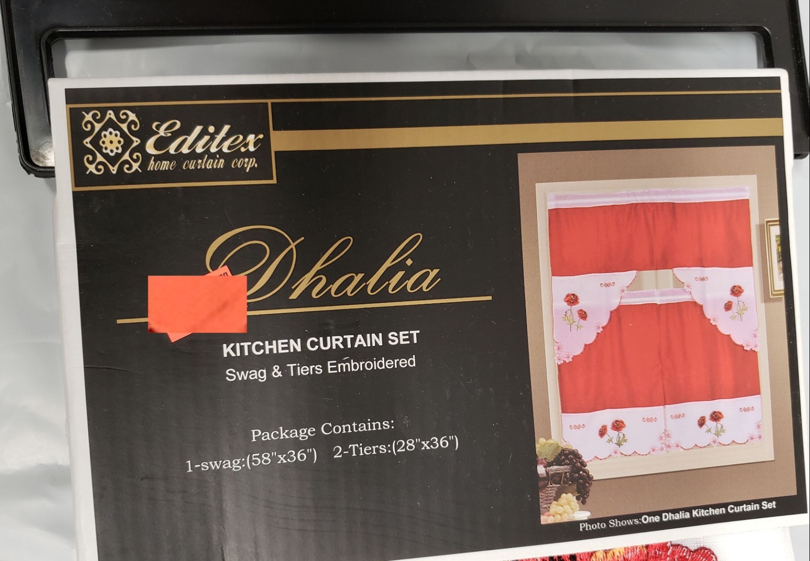 3pc. Embroidery Curtains Set: 2 Tiers & Swag(58″x36″) RED FLOWERS,DHALIA, Editex