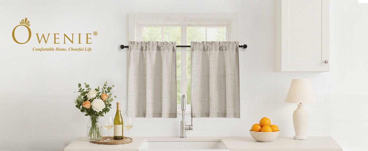 Linen Cafe Curtains 36 Inch Length 2 Panels Set, Light Filtering Textured Short
