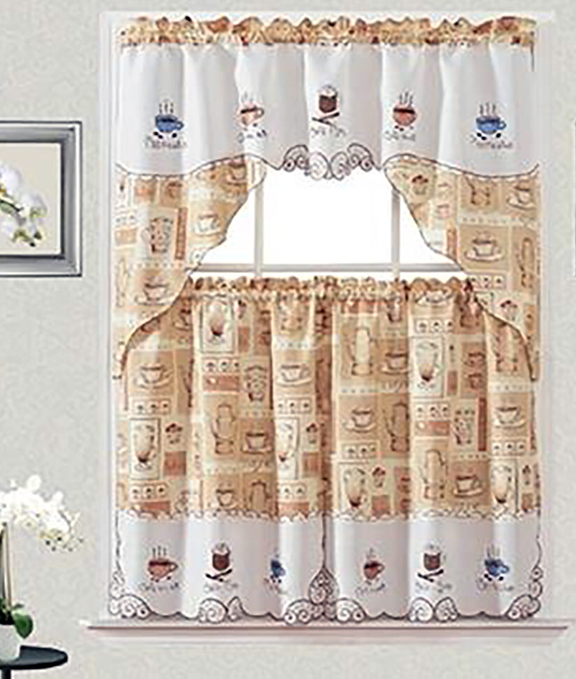 Cafe Embroidery Design Kitchen Curtain with Swag and Tier Set 36 inch Coffee col