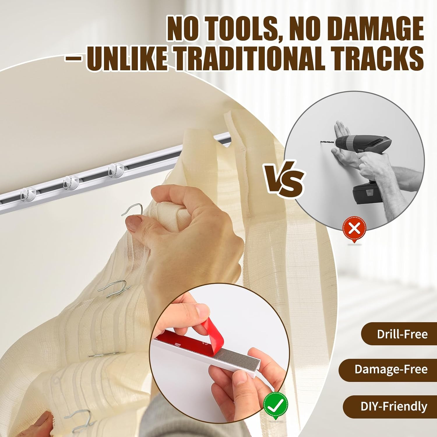 Self Adhesive Ceiling Curtain Track, 3.3 FT Flexible Cuttable No Drill Curtain R