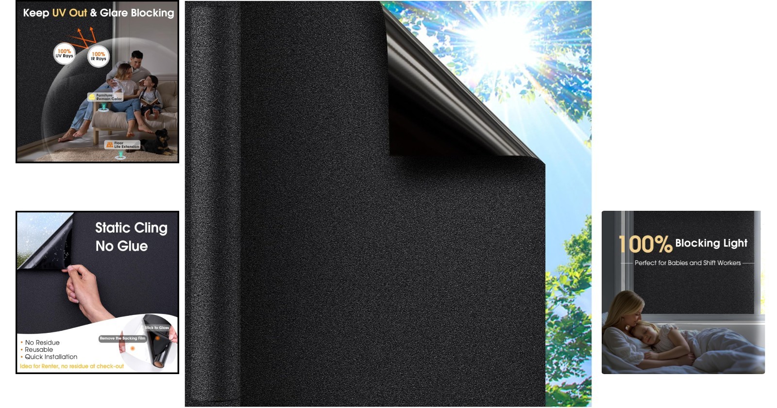 Removable Static Cling Blackout Window Film, 17.5 x 78.7 Inch, Renter Friendly