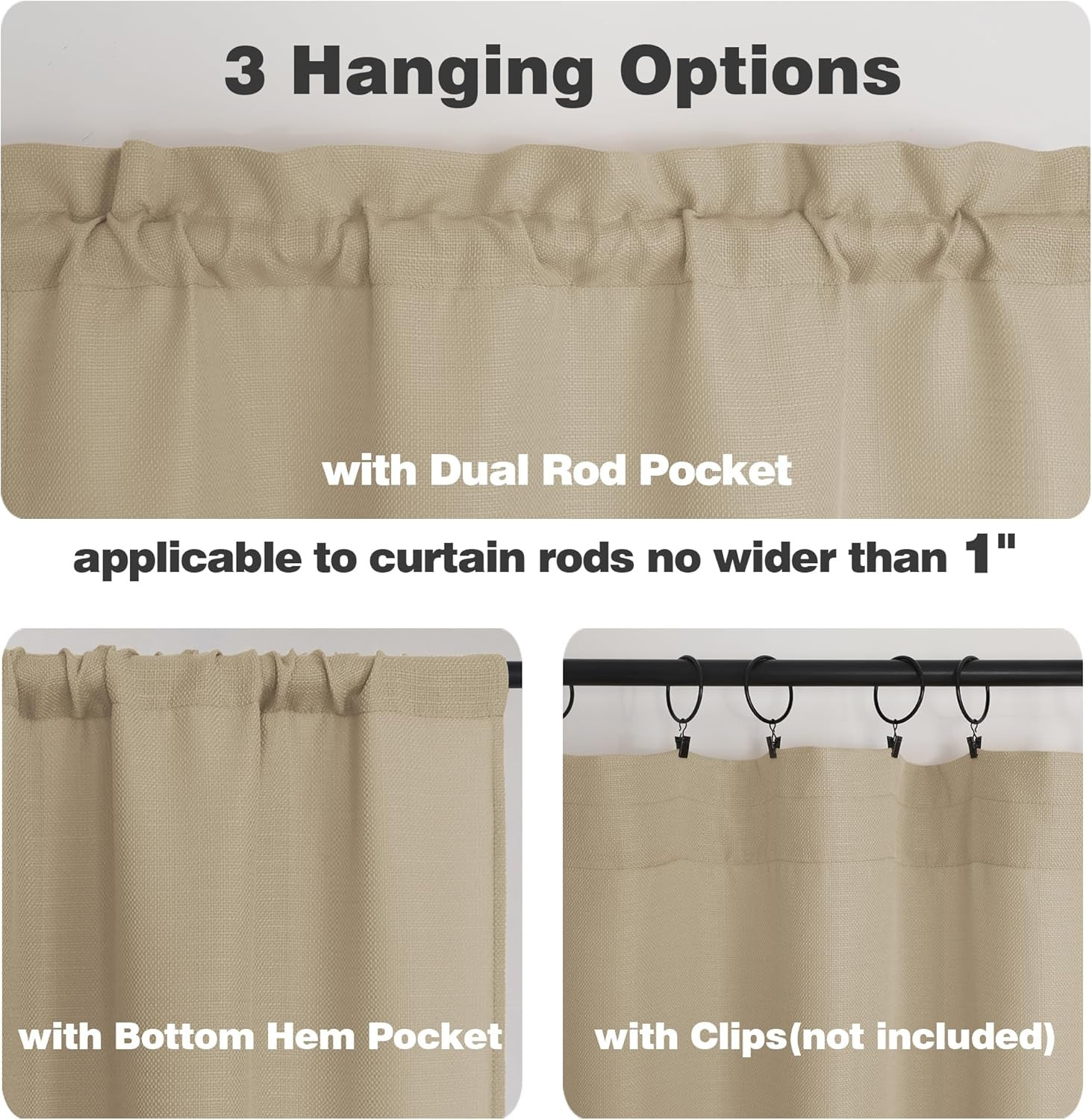 2 Panels Camel Kitchen Curtains 36 Inch Length Tier Curtains, Faux Linen Texture