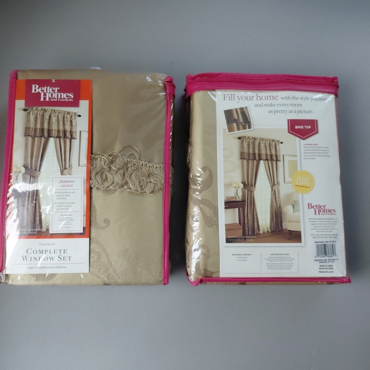 2 BETTER HOMES 84″ Toupe DAMASK SCROLL 5 pc Window Set Curtains NEW Heritage
