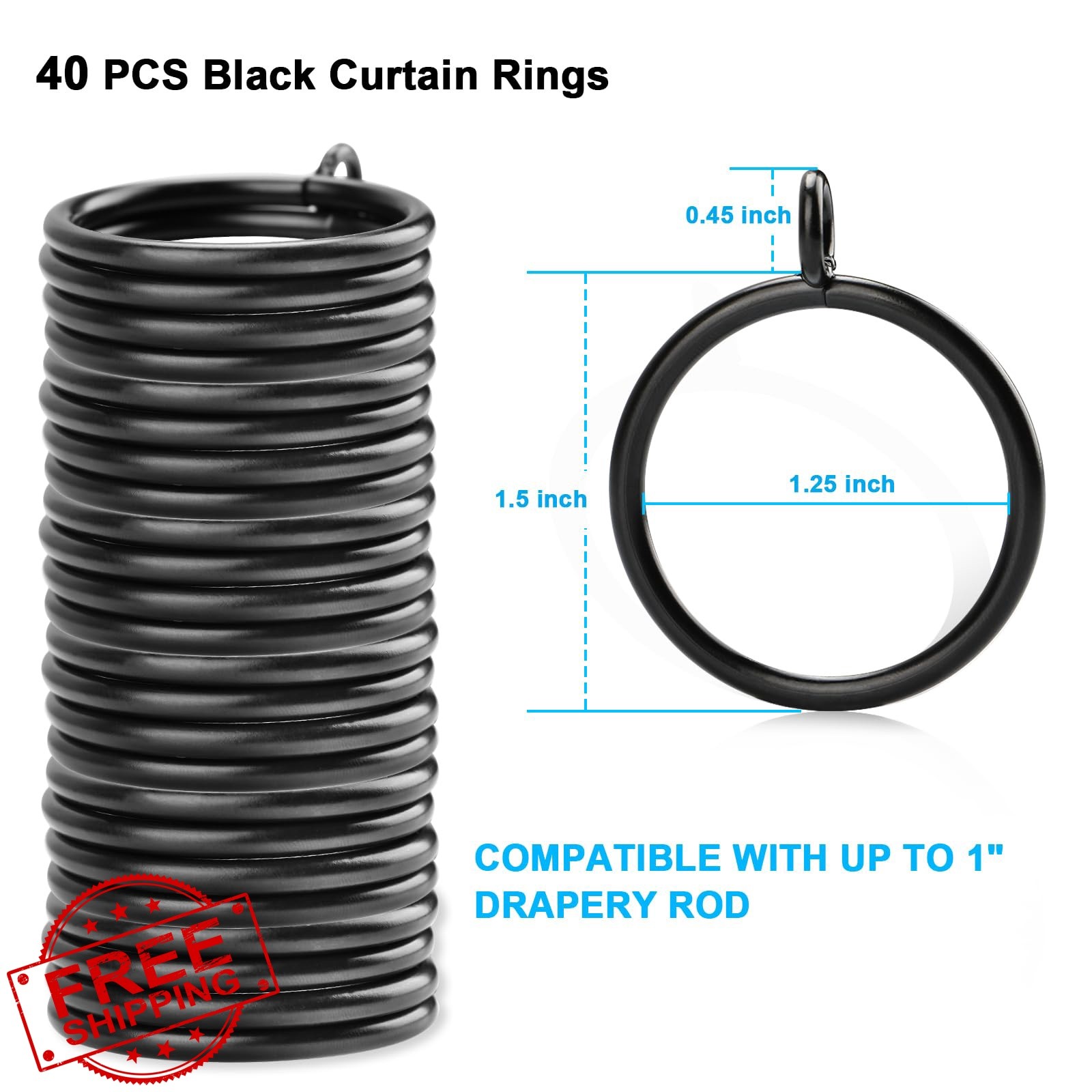 AWTOK Black Curtain Rings 1.25 Inch ID