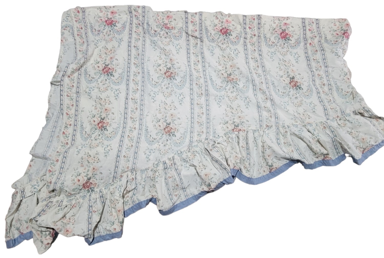 Floral Striped Ruffled Swooped Valance Solid Blue Hem 44x96in Grannycore