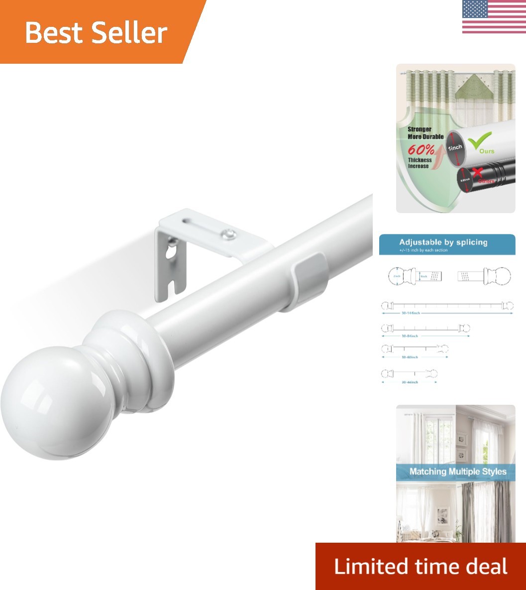 Versatile White Curtain Rod Set – 30-84 Inches, Sturdy Alloy Steel with Brackets