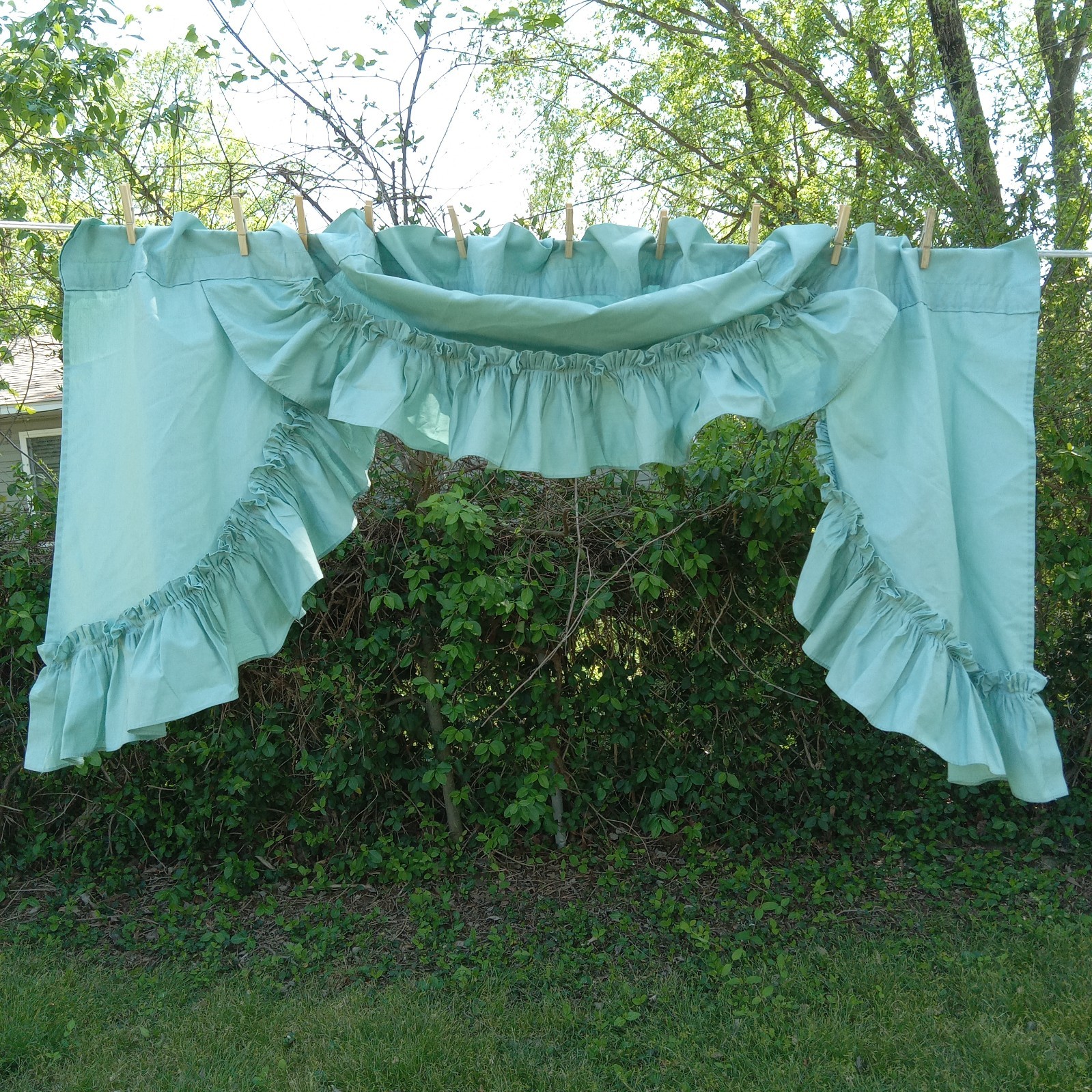 Set of 2 Vtg Kellwood Window Valances Ruffles 77″ Full Stretch 27.5″ Long Teal