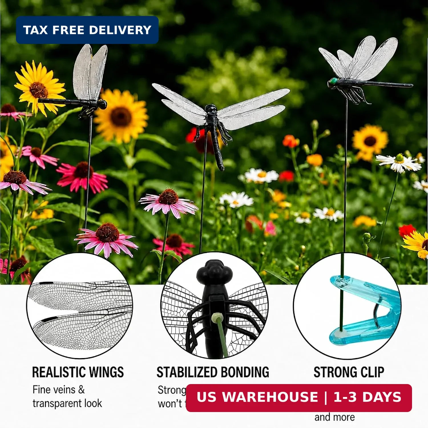 6 PCS Black Dragonfly Clips for Garden Decor, Realistic 3D Black Dragonfly Stake