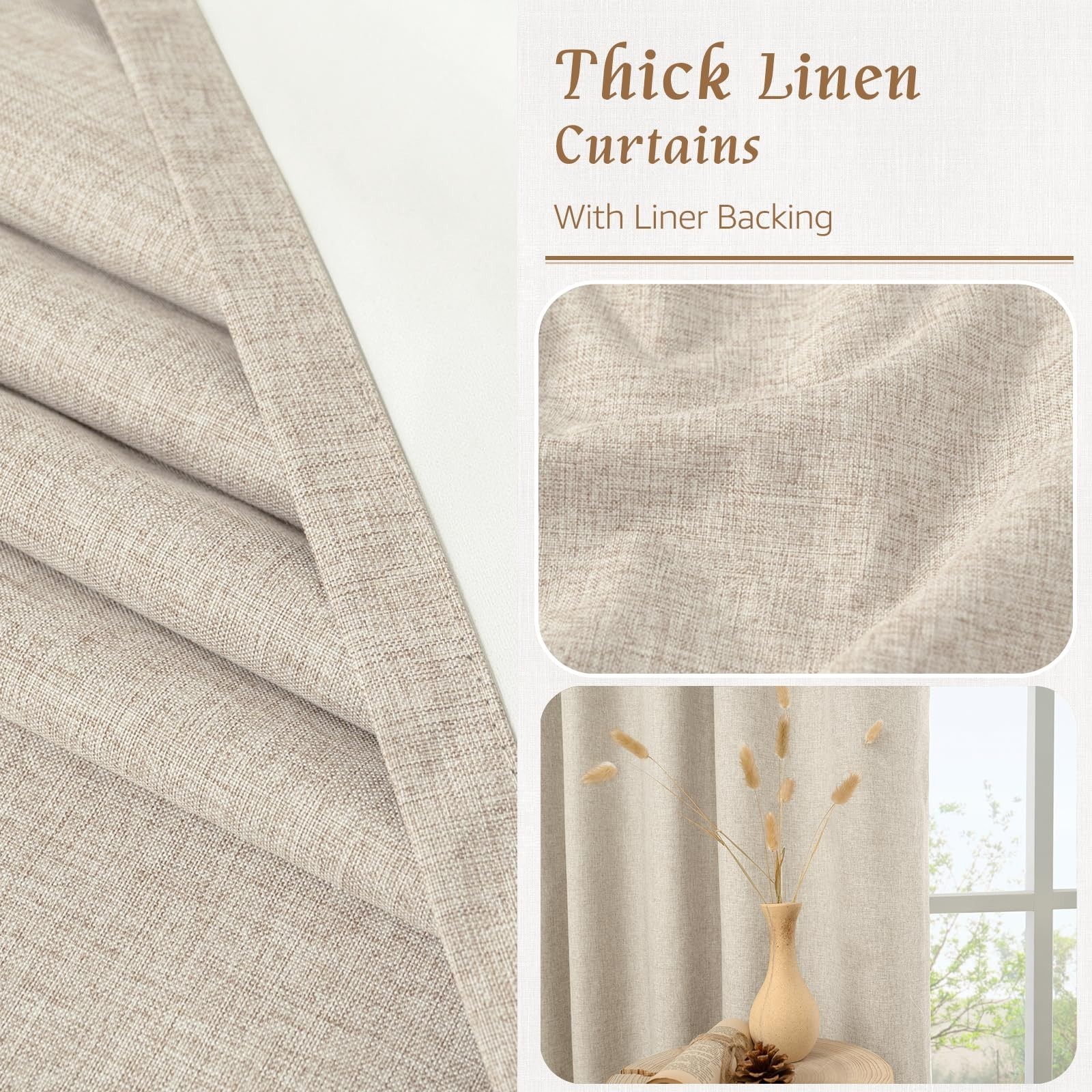 100% Blackout Linen Kitchen Curtains, 36″ Back Tab Rod Pocket Drapes, 2 Panels,