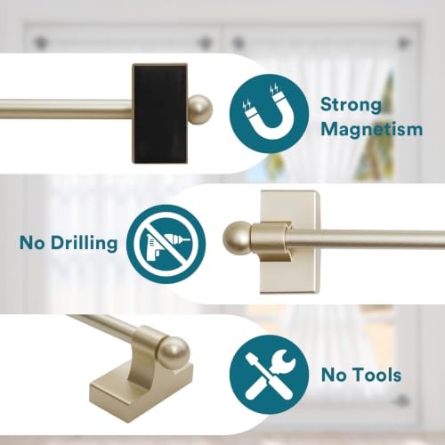 2 Pack Magnetic Curtain Rods Adjustable 16-28 Inch Champagne Gold Metal Door Rod