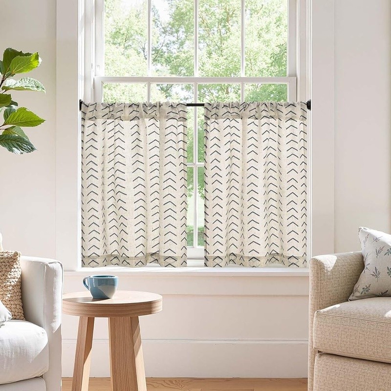 Boho Herringbone Kitchen Curtains Light Filtering Privacy Panels Linen Blend New