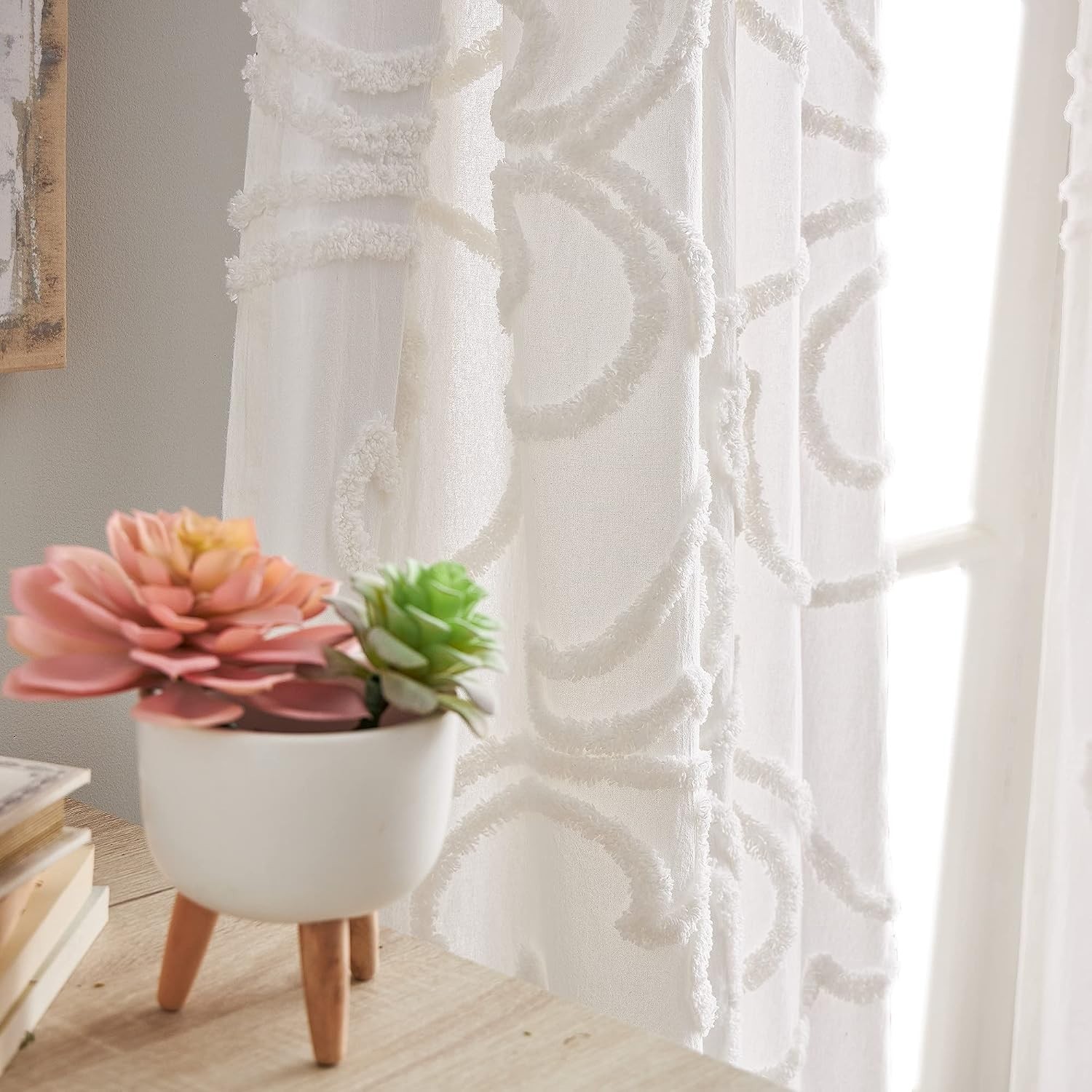 Boho Chic Winter White Curtain Panels, 108″, Chenille Cotton