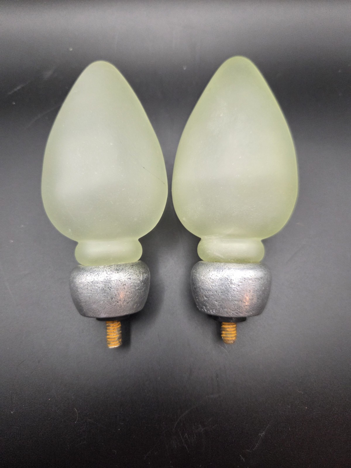 2 Pottery Barn Frosted Green Glass Pewter Style Curtain Rod Finials