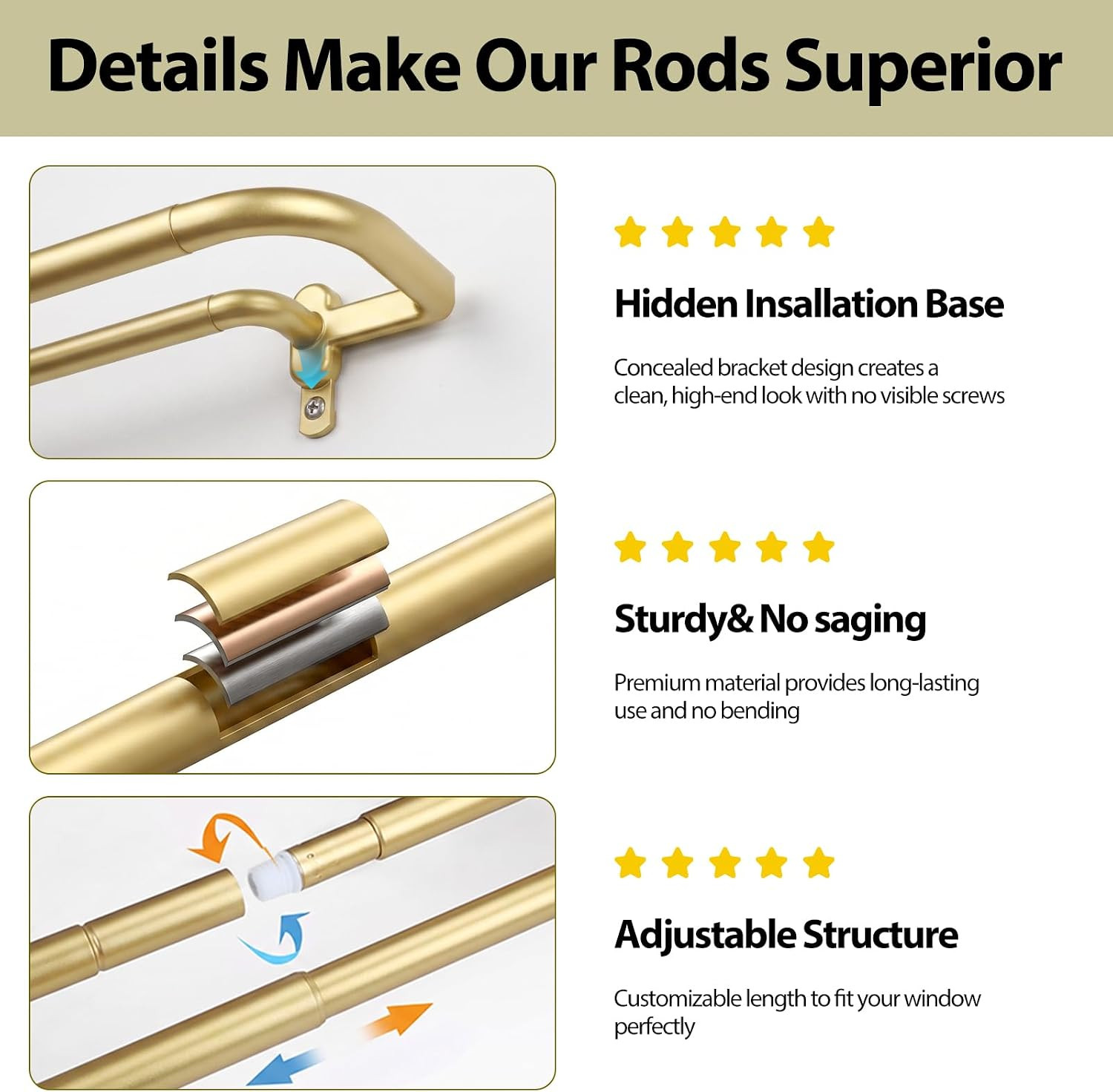 Double Wrap around Curtain Rods for Windows, 32 to 58 Inch, Gold | Blackout Curt