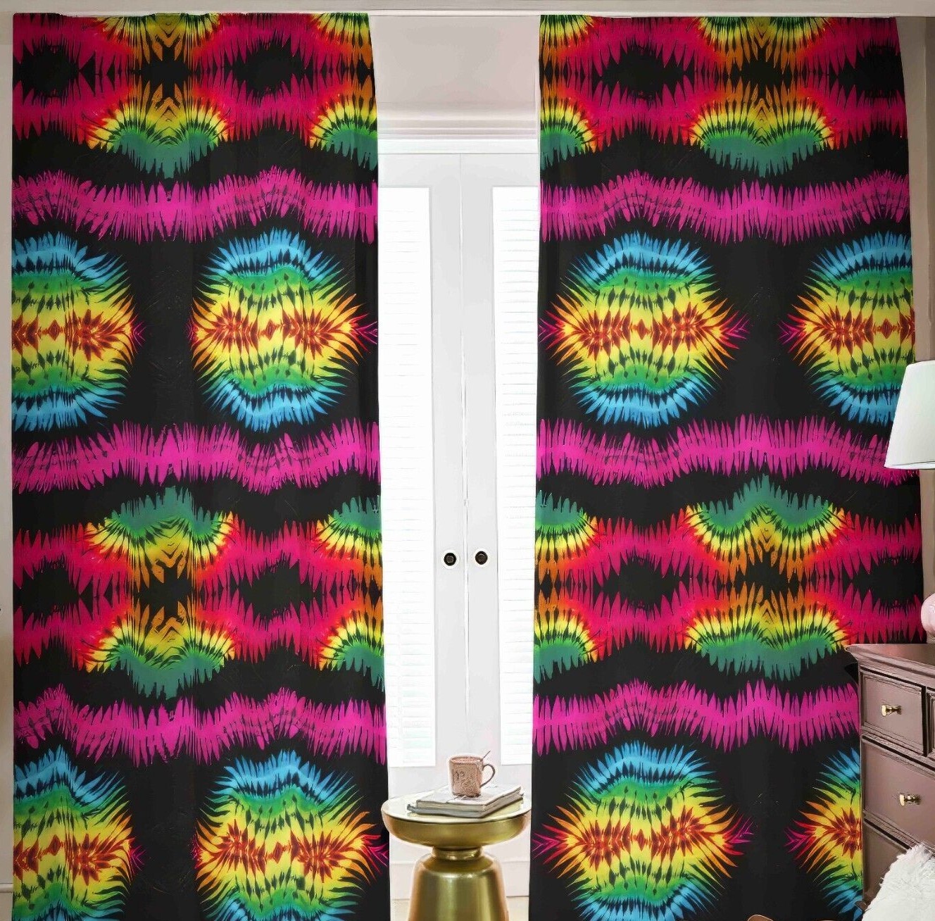 Psychedelic Tie Dye Blackout Curtains Tied Dyed Black Out Rainbow Trippy Batik