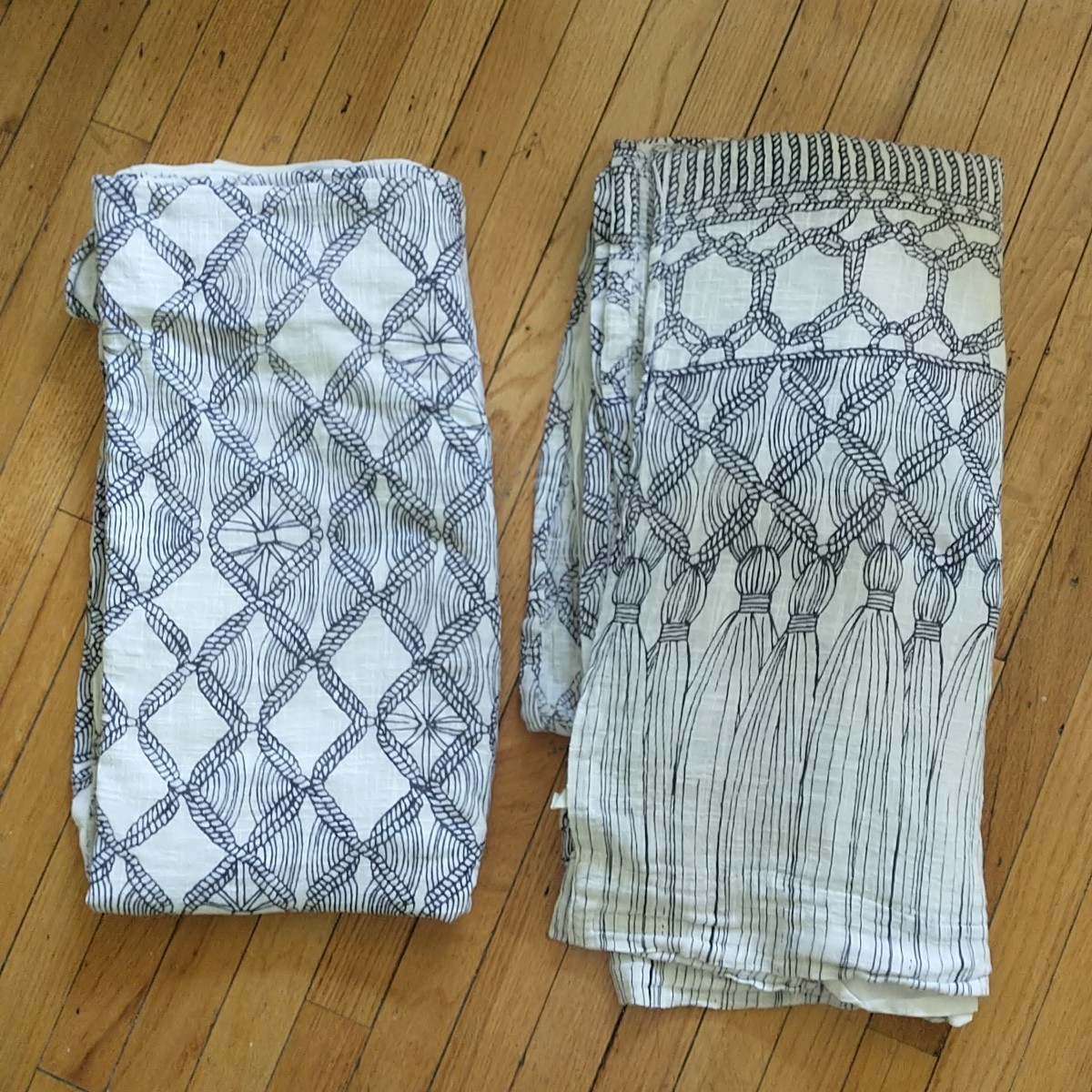 Mara Hoffman Curtains White Blue Geometric Print Cotton Lined 48×91″ 2x Panels