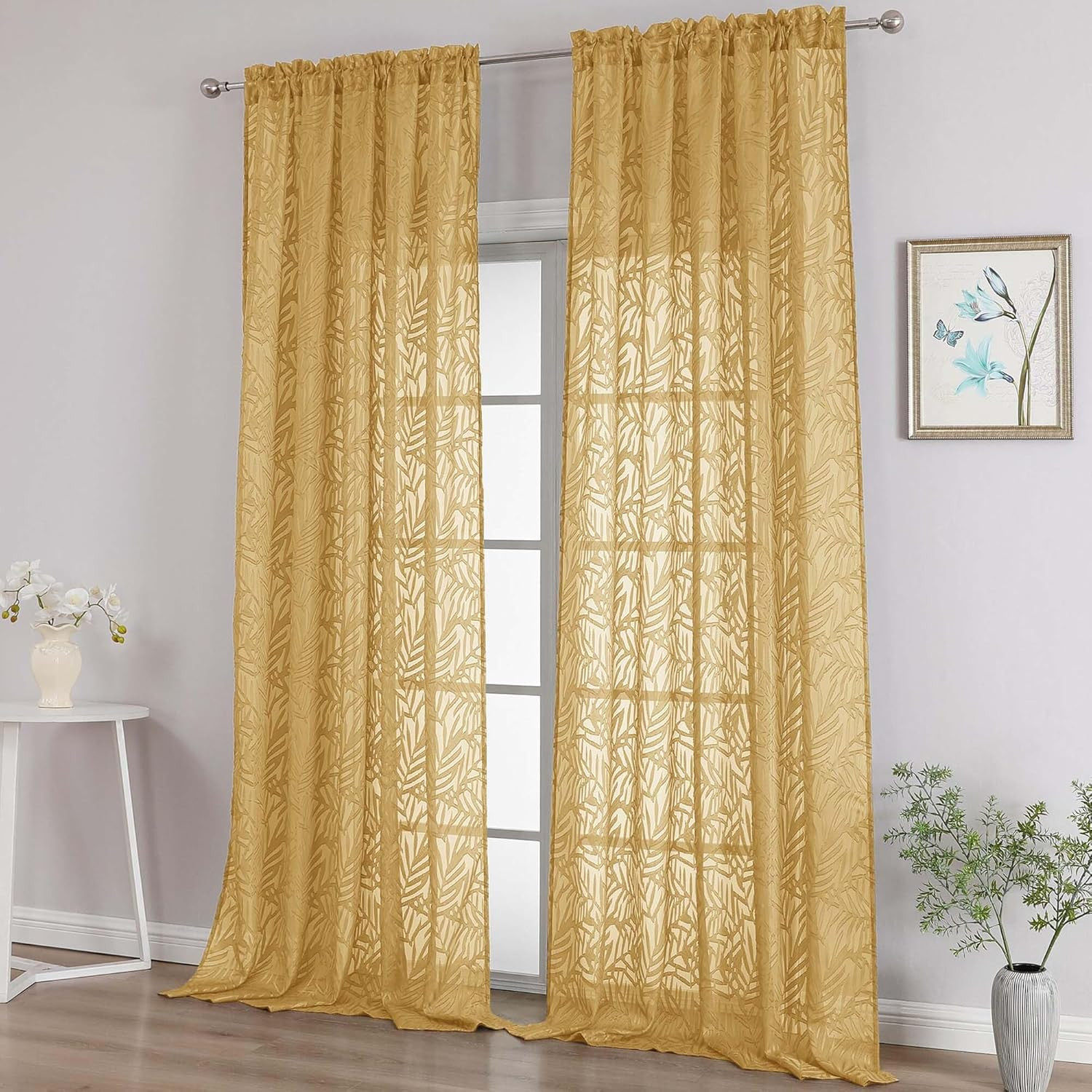 Extra Wide Gold Sheer Curtains 108 Inches Long 2 Panels Set, Leaf Lightweight T