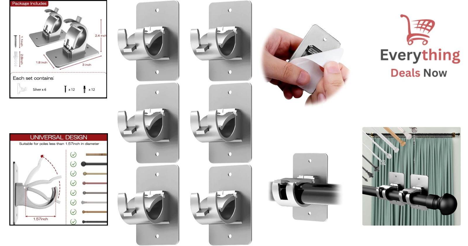6 PCS No Drill Self-Adhesive Curtain Brackets – Elegant Silver Plastic Holders