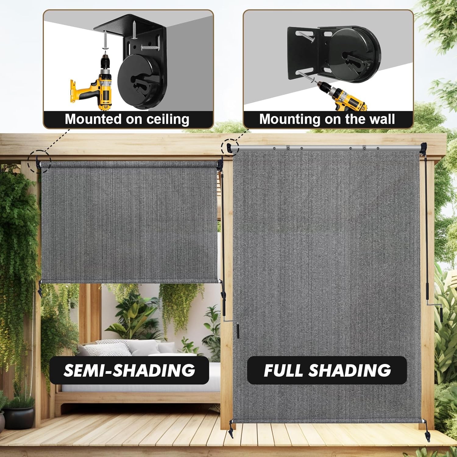 Outdoor Roller Shade 10′ W x 8′ H, Gray Exterior Cordless Patio Shades Roll Up