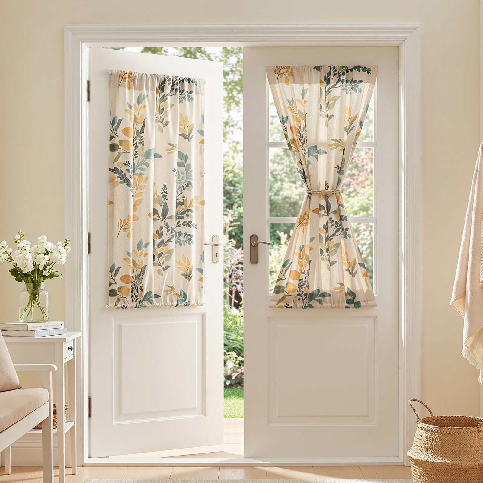 Floral Linen French Door Curtains 40 inch Long 2 Panels for Front Door Light …