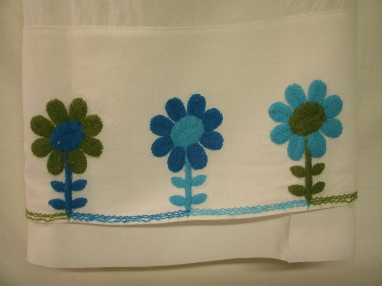 Retro White w Embroidered Blue Flowers– Cafe Curtain Set /Val /2 Panels