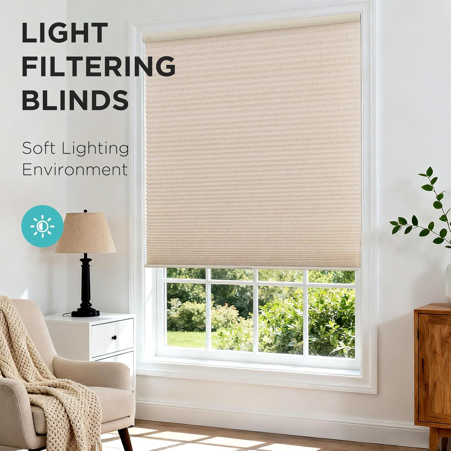 No Drill Linen Cellular Blinds for Indoor Windows, Light Filtering Cordless