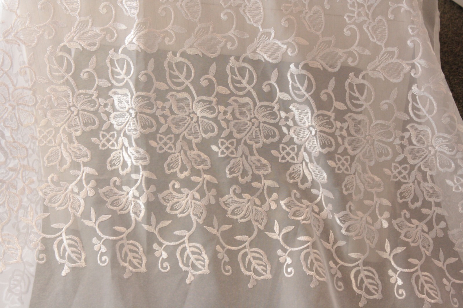 White Sheer Curtain Panel Embroidered Flowers Leaves Shabby Cottage Chic 54 x84