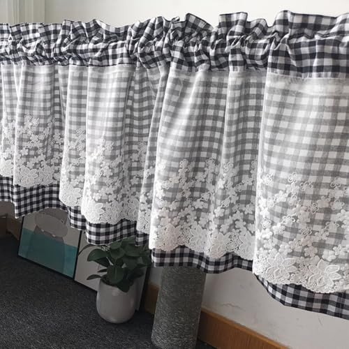 Black and White Buffalo Check Plaid Tier Curtains Floral Lace Semi Sheer