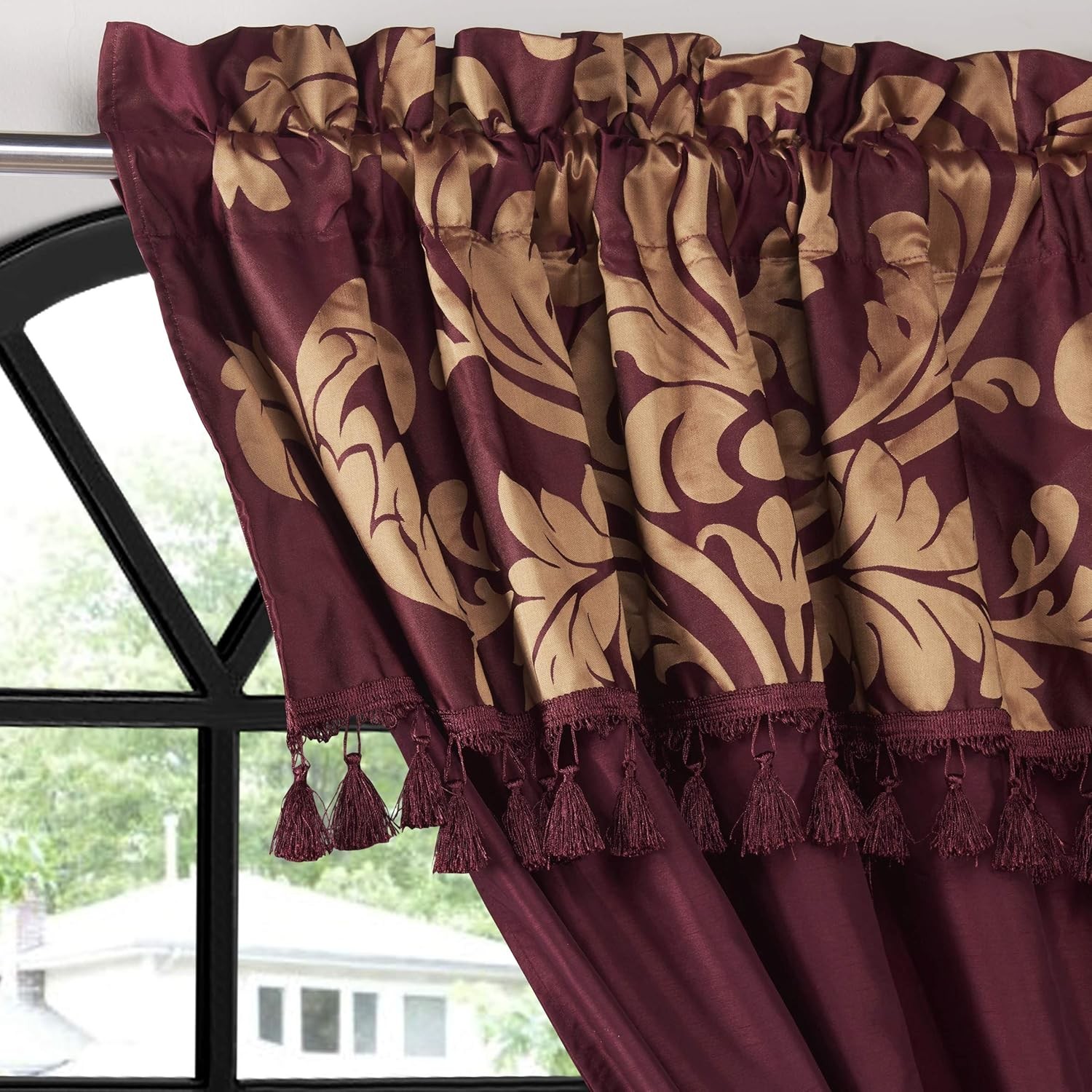 Luxury Jacquard Floral 4 Piece Window Curtain Set with Valance Sheer Maroon Gold