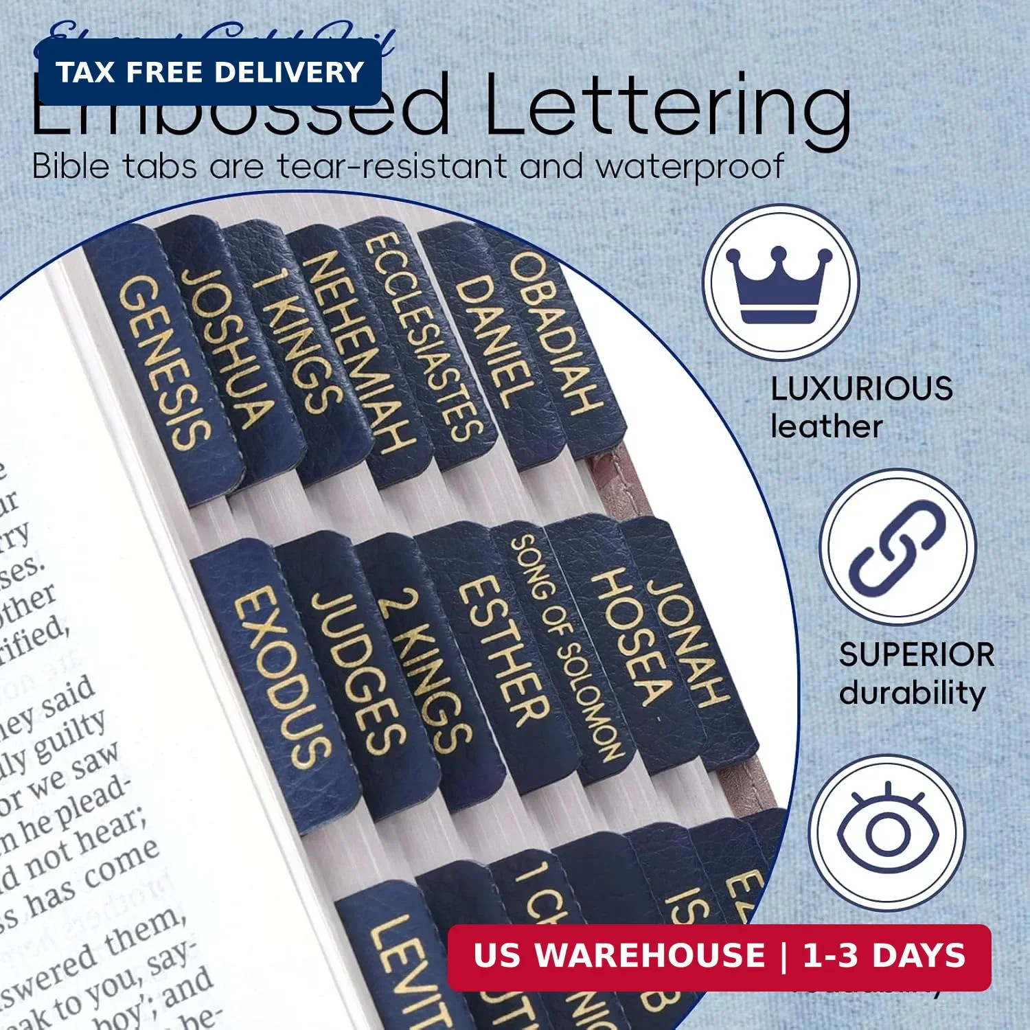XKDOUS Blue Leather Bible Tabs, Large Print Gold Foil Bible Tabs for Men Women,