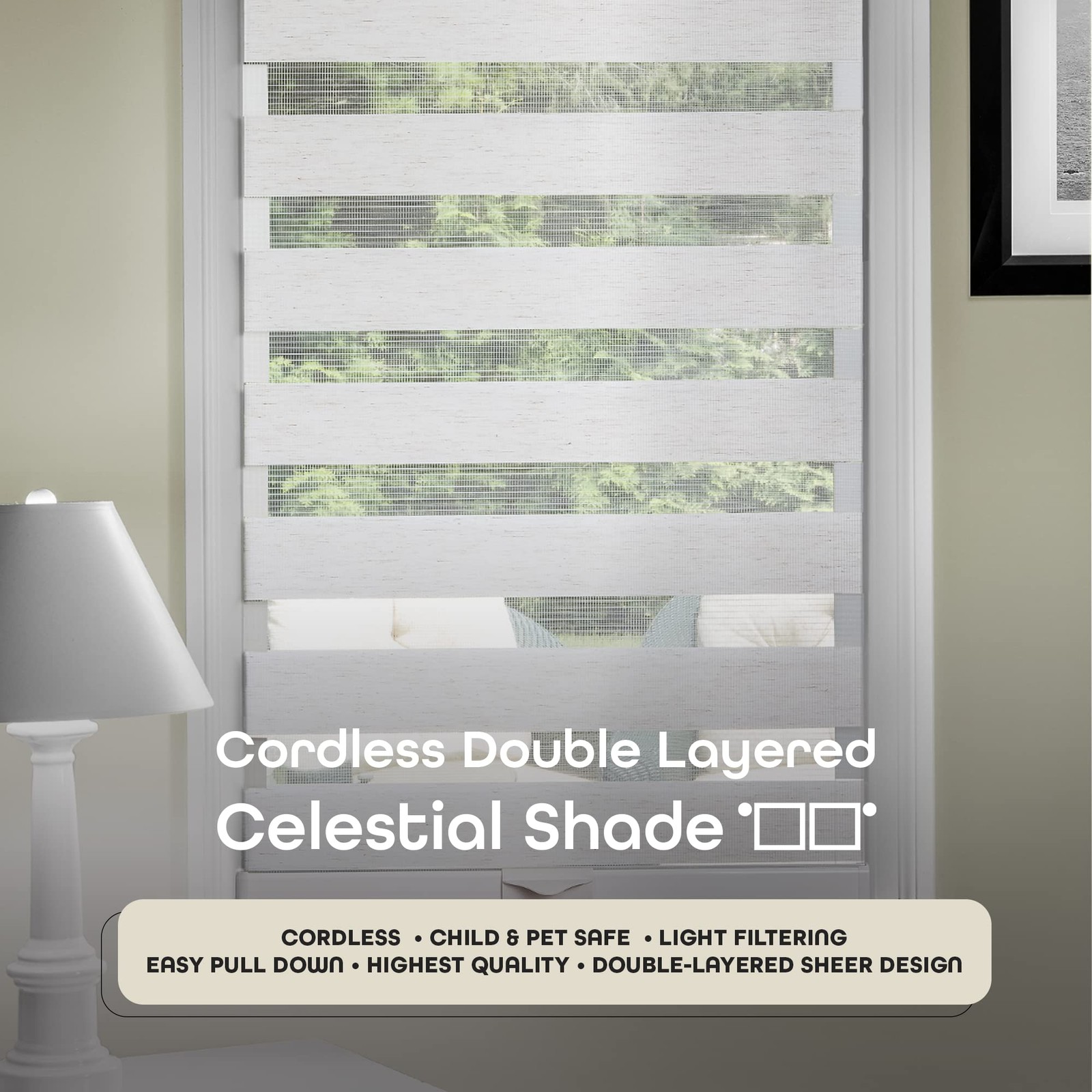 Cordless Celestial Sheer Double-Layered Window Roller Shade – 35 Inch Width x…