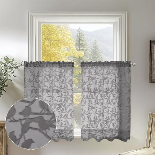 Anji Textured Grey Kitchen Sheer Curtain Tiers 36 inch Length 2 Panels Set,