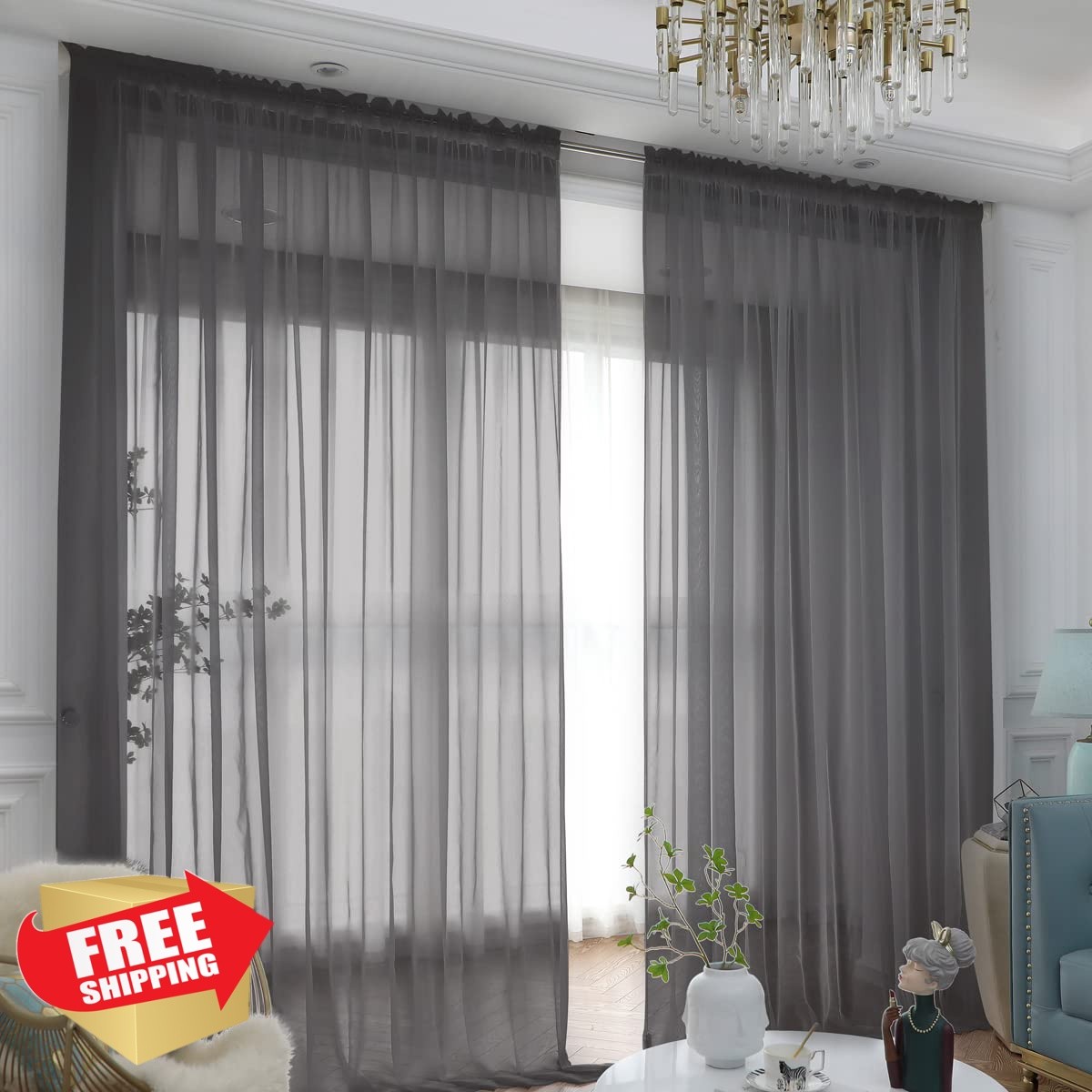 LandTEC Dark Gray Sheer Curtains 52×72 2 Pack