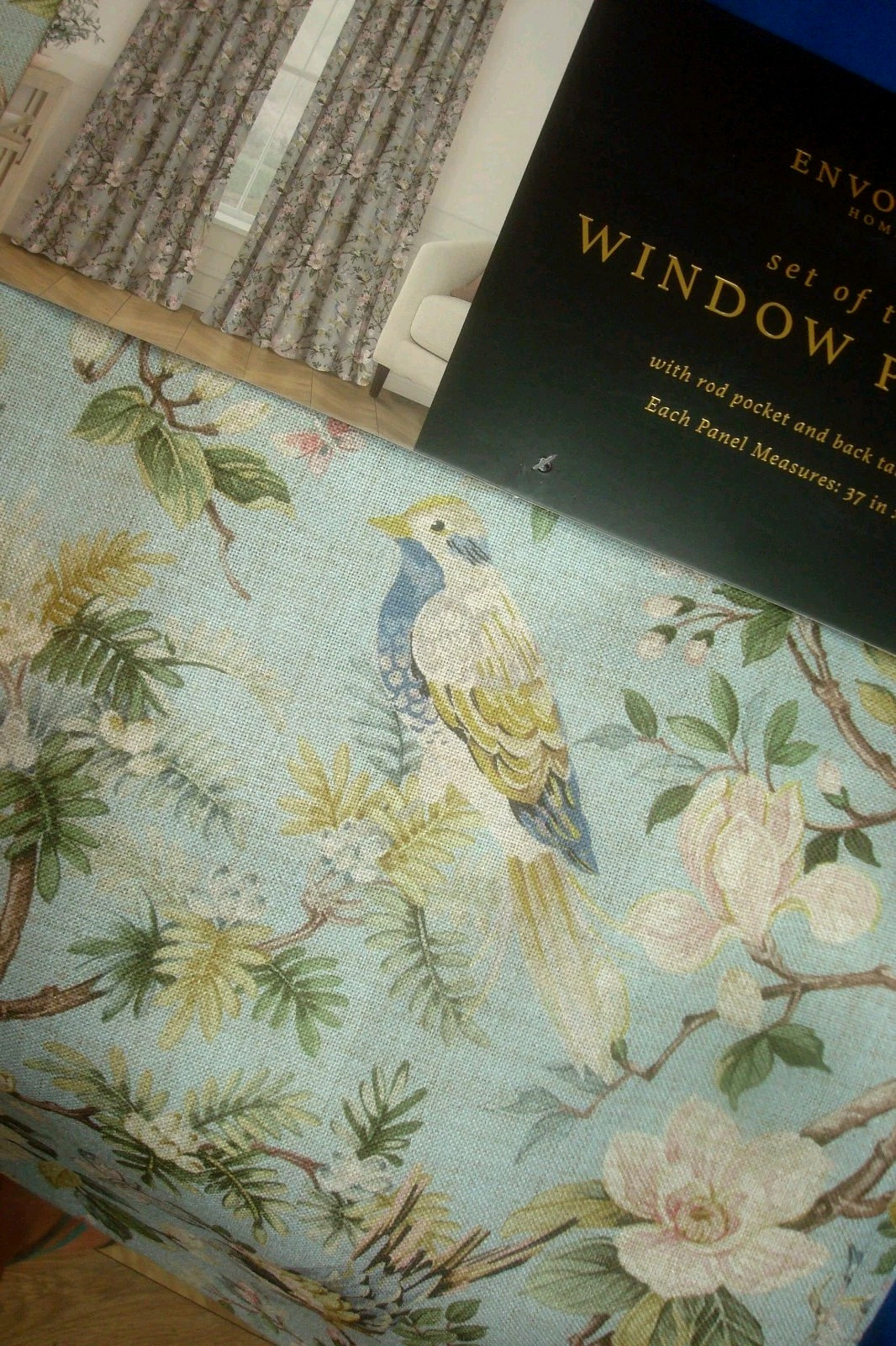 NWT Envogue 2 pc Window Curtains Dogwood Floral w/ Birds Aqua ea 37″ x 96″ lg