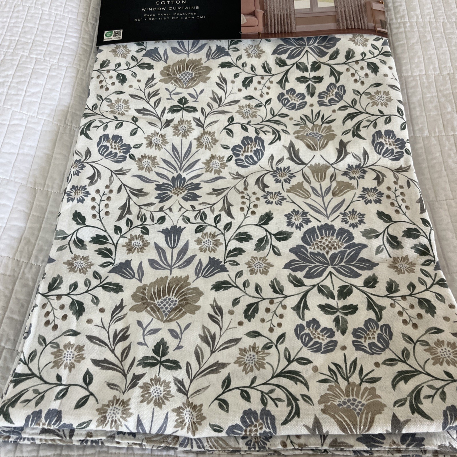 2 Nicole Miller Floral Jacobean Cotton Back Tab Window Panels – New – 50 x 96”