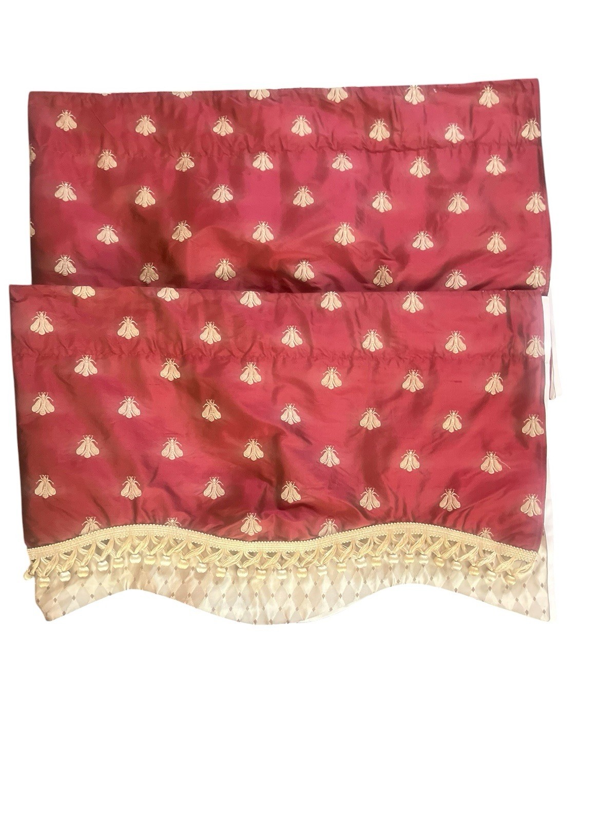 Pair Pure Silk Empire Valances Embroidered Gold Bees Scalloped Fringe 52 X 16