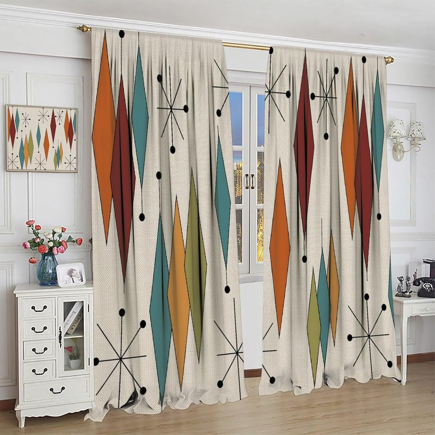 Abstract Geometric Modern Curtains Mid Century Art Colorful Orange Blue Green Wi