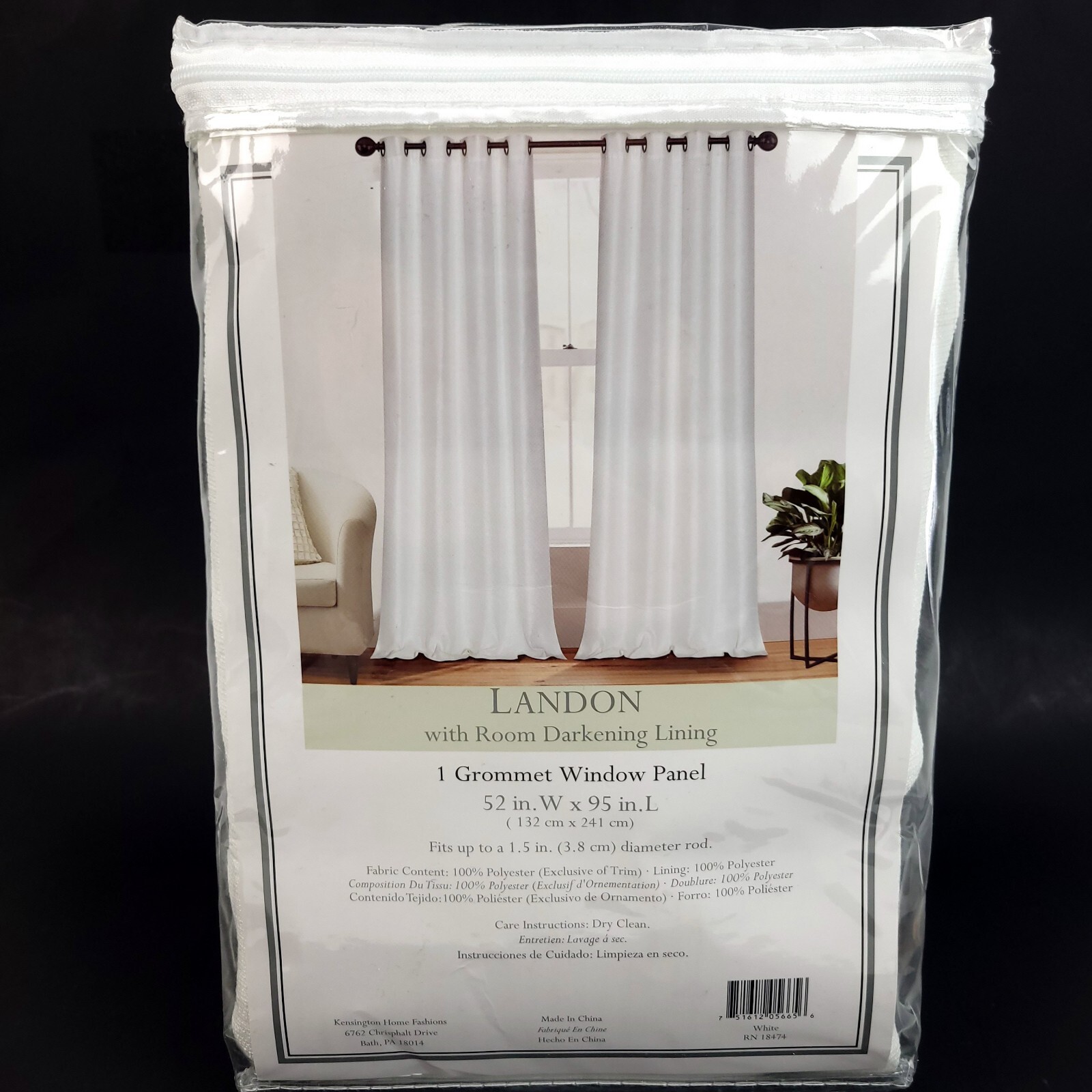 Kensington Landon w/ Darkening Lining One Grommet Window Panel 52×95″ White