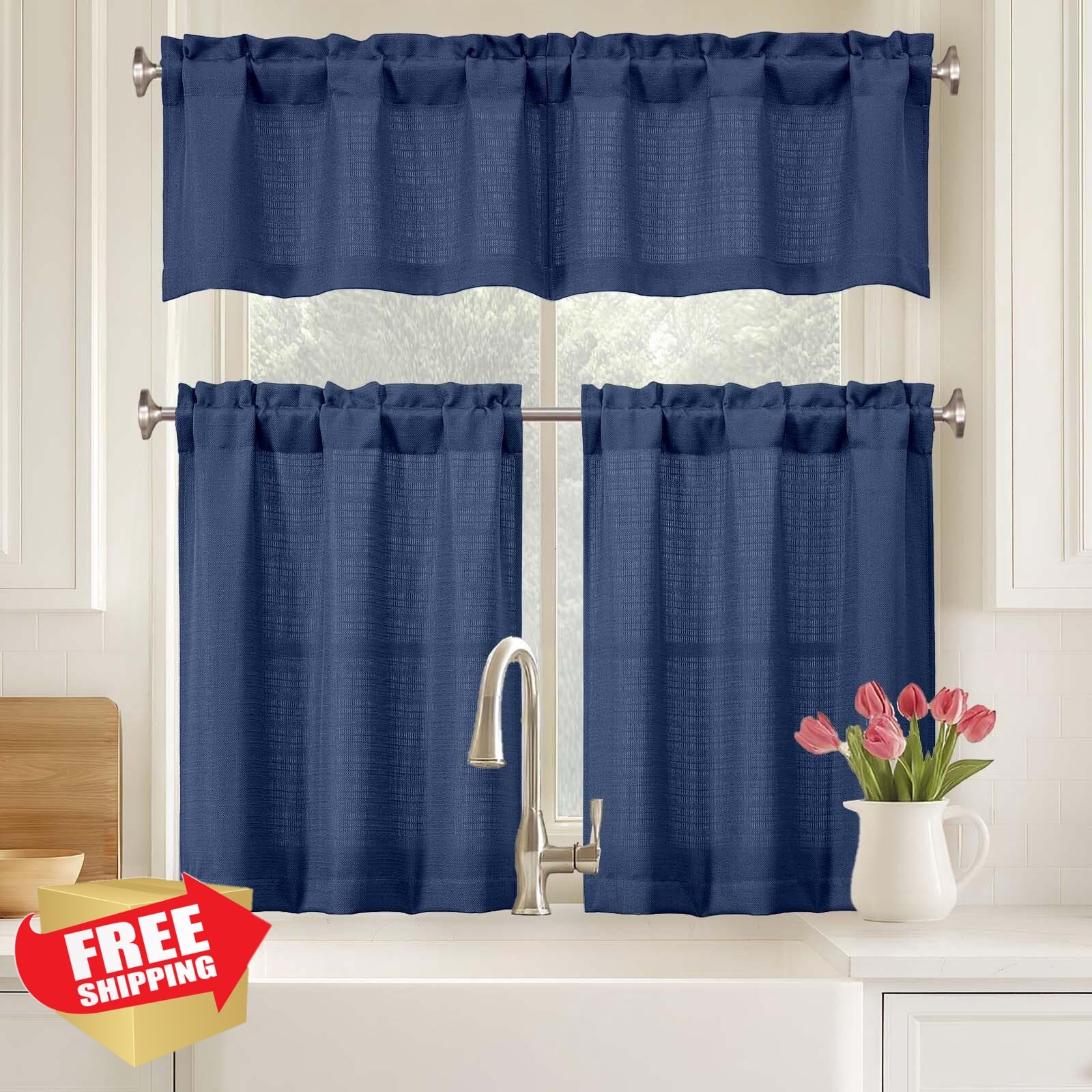 Ebesto Blue Farmhouse Cafe Curtains 2x30Wx30L Bathroom Linen