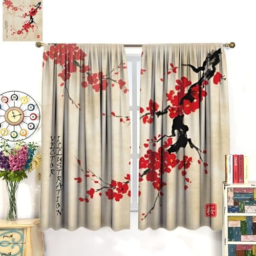 Oriental Cherry Branch Curtains, 20.5″W x 45″L (Pack of 2) Cherry Blossom-9
