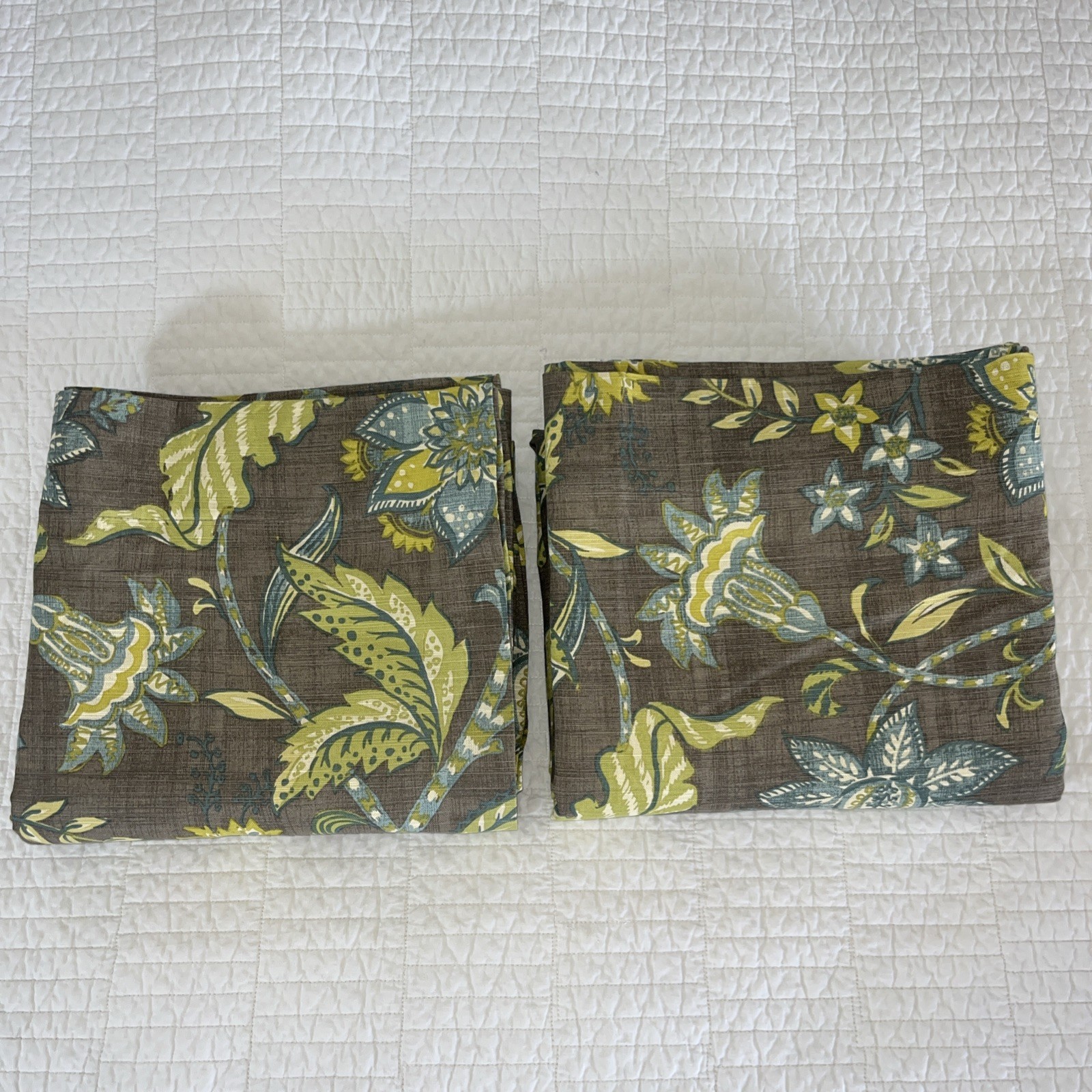 2 WORLD MARKET Jacobean Floral GREEN Blue BROWN Curtain PANELS 48×84” Lined