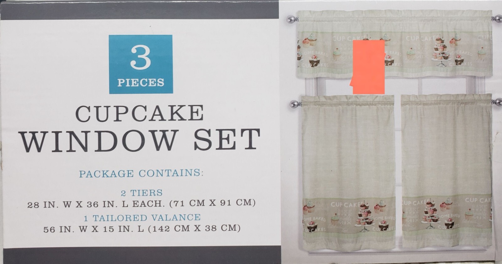 3 pc Printed Kitchen Curtains Set: 2 Tiers (28″x36″)& Valance (56″x15″) CUPCAKES