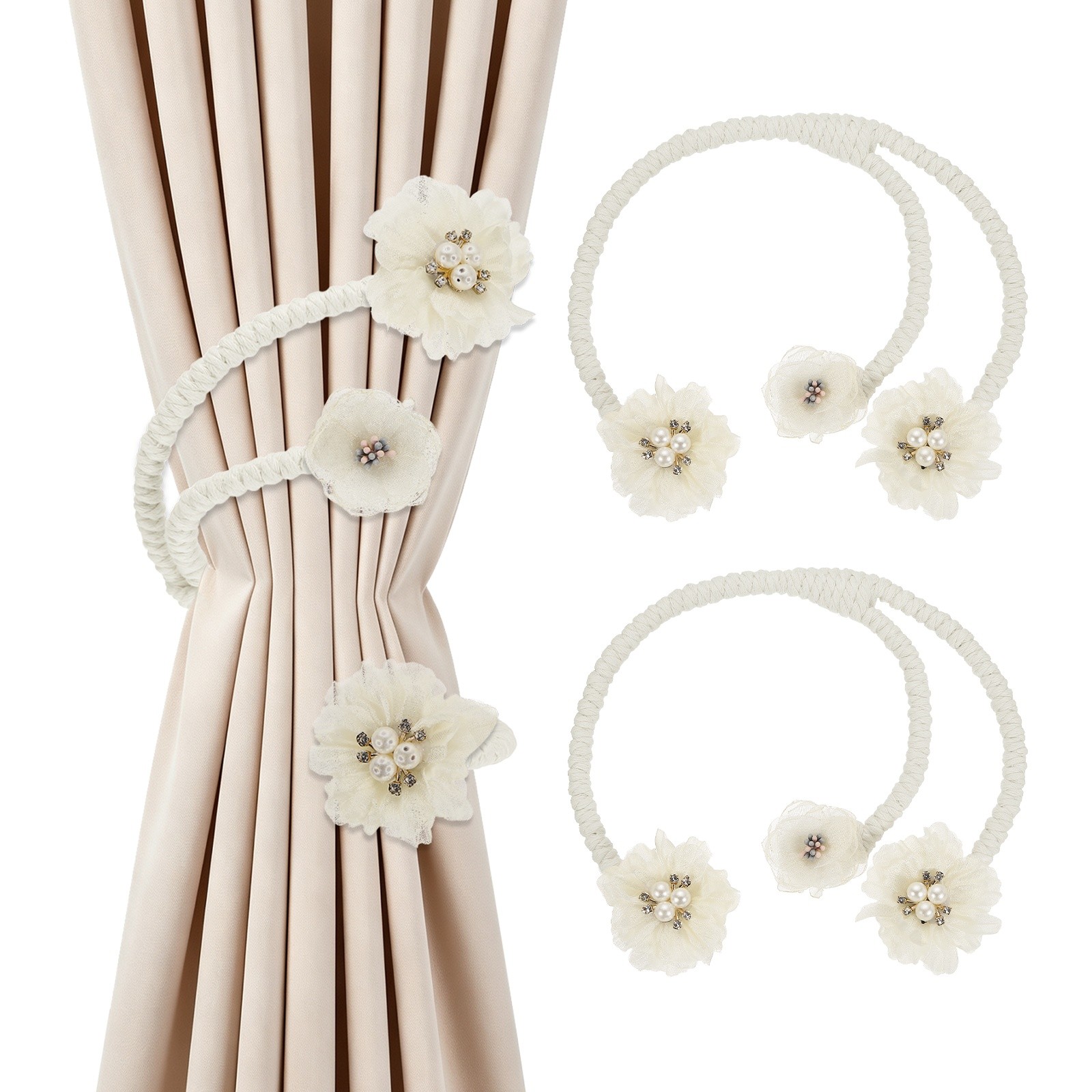 2Pcs Flower Curtain Tiebacks, 3 Flower 45cm Twist Holdbacks Clip, Warm White