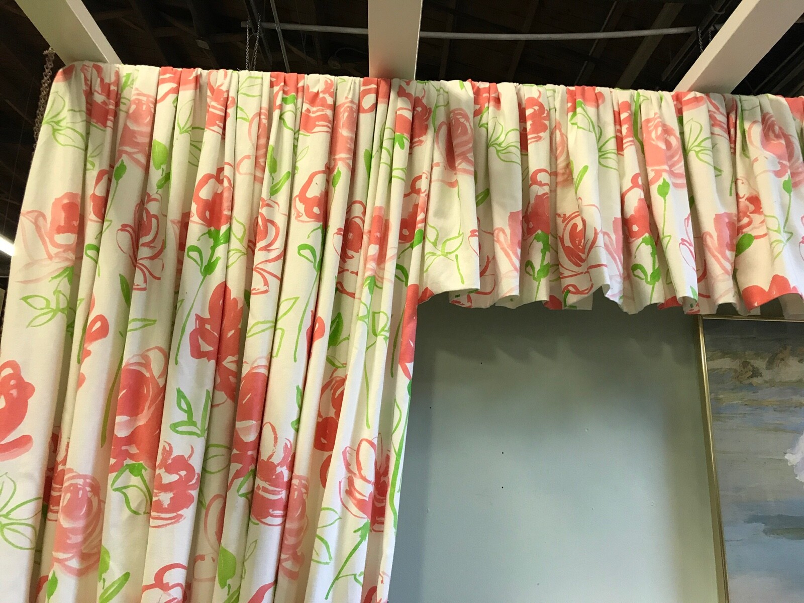 CUSTOM WATERFALL VALANCE & SIDE PANEL CURTAINS 10’WX8’H-“DOROTHY DRAPER”