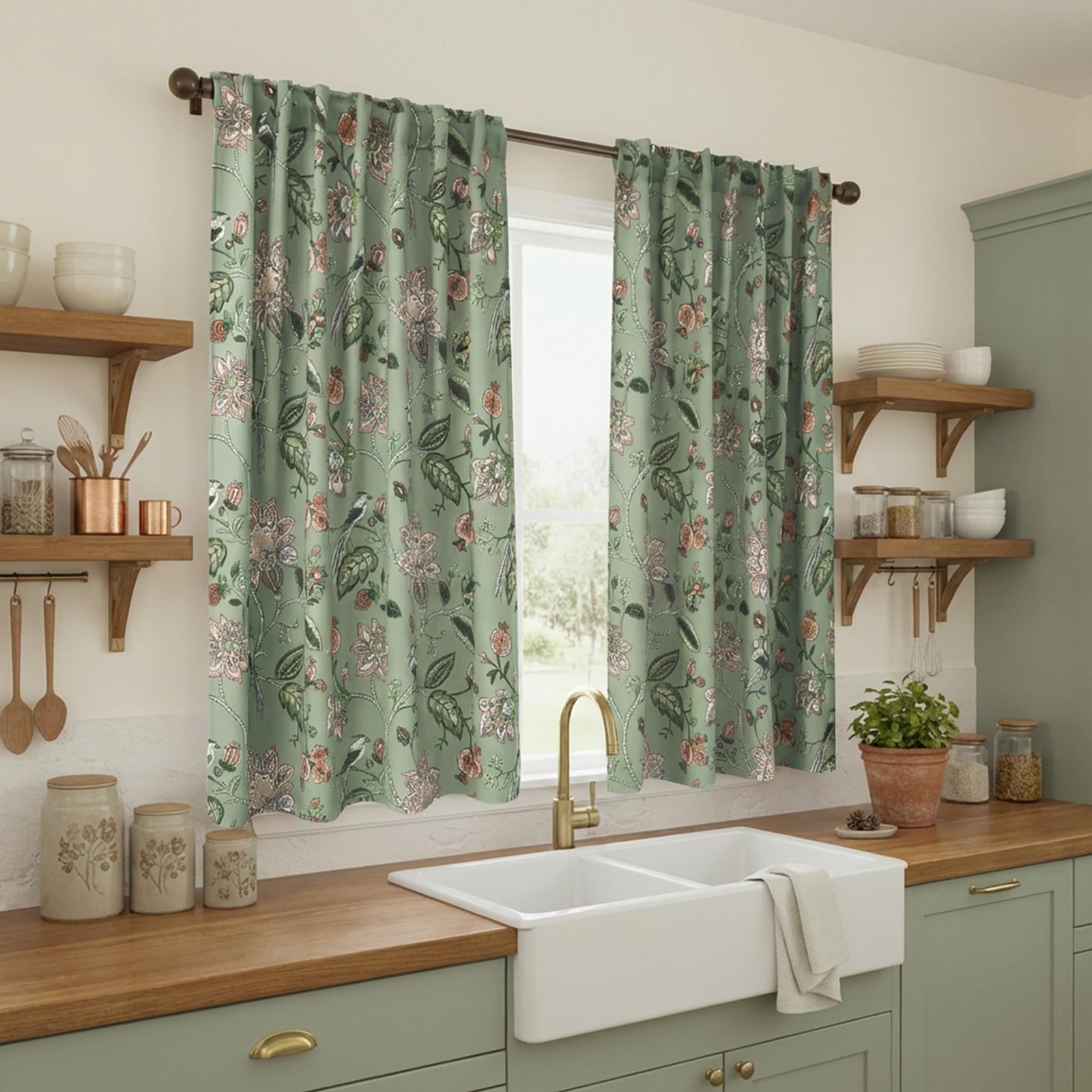 Lino Rosa Short Floral Patterned Blackout Curtains for Bedroom, Decorative Black