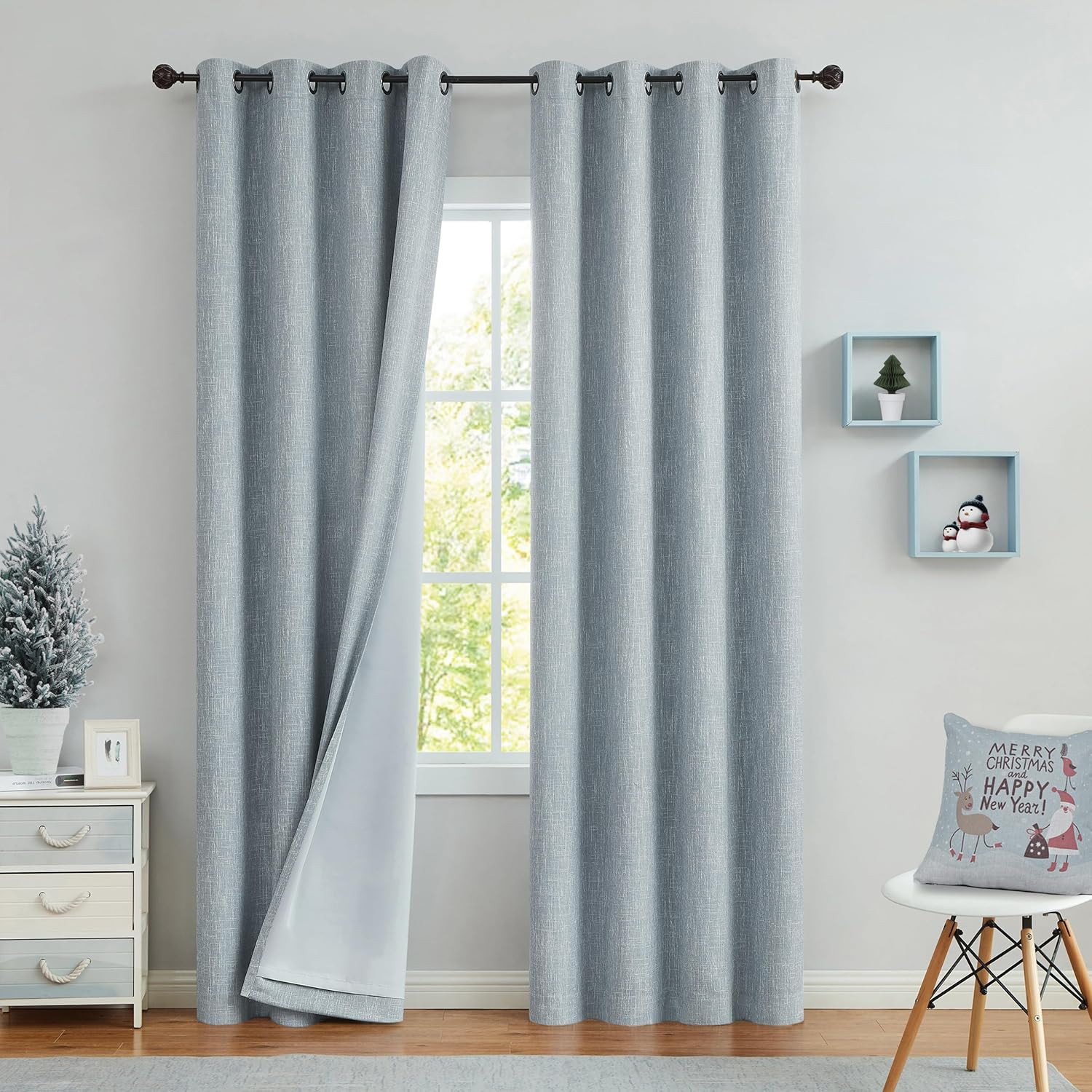 Blue Solid Full Blackout Curtain Heavy Linen Texture Window Treatment for Bedroo